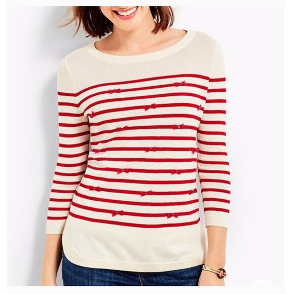 Talbots Lightweight Sweater Ivory with Red Stripes Mini Bows 3/4 Sleeves Size XL - Picture 2 of 11